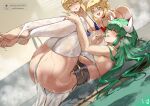  1girl 3girls artoria_pendragon_(all) artoria_pendragon_(lancer)_(fate) bangs blonde_hair blush breasts club3 dragon_girl dragon_horns fate/apocrypha fate/grand_order fate_(series) green_eyes green_hair horns kiyohime_(fate) large_breasts legs long_hair looking_at_viewer lying mordred_(fate) mordred_(fate)_(all) multiple_girls multiple_horns on_back smile yellow_eyes 