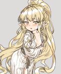  1girl bangs blonde_hair blush breasts granblue_fantasy green_eyes harvin highres houtengeki japanese_clothes kimono long_hair long_sleeves looking_at_viewer melissabelle pointy_ears ponytail sash small_breasts solo sweat thighs very_long_hair white_kimono wide_sleeves 