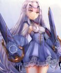  1girl blue_dress breasts brown_eyes dress fairy_knight_lancelot_(fate) fate/grand_order fate_(series) frills highres long_hair long_sleeves looking_at_viewer sidelocks small_breasts thighhighs thighs torottye white_hair 