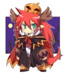  1boy alchemist_(ragnarok_online) alternate_color antlers bangs black_cape black_coat blush cape chibi closed_mouth coat commentary_request dragon_boy dragon_tail emon-yu eyebrows_visible_through_hair full_body fur-trimmed_cape fur_trim green_eyes hair_between_eyes jack-o&#039;-lantern long_hair looking_at_viewer male_focus pointy_ears pumpkin pumpkin_on_head ragnarok_online red_hair slit_pupils solo standing tail very_long_hair white_background 