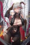  1girl absurdly_long_hair absurdres aegir_(azur_lane) azur_lane bare_shoulders bodystocking breast_curtains breasts cleavage cross cross_earrings ctrlz77 demon_horns earrings highres horns iron_cross jewelry large_breasts long_hair multicolored_hair navel red_hair streaked_hair torn_bodystocking very_long_hair white_hair yellow_eyes 