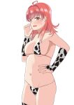  1girl ahoge animal_print arashi_(kancolle) bikini breasts bridal_gauntlets brown_eyes commentary_request cow_print fang hand_on_hip kantai_collection medium_breasts medium_hair open_mouth red_hair simple_background skin_fang solo sun_fle swimsuit thighhighs white_background white_bikini white_legwear 