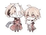  2boys ahoge animal animal_on_head azuma_(azuma10270724) bangs cat cat_on_head chibi closed_mouth crossed_bangs genshin_impact holding holding_animal holding_cat japanese_clothes kaedehara_kazuha kazuha&#039;s_friend_(genshin_impact) long_hair male_focus multiple_boys on_head open_mouth ponytail scarf simple_background standing sweat wide_sleeves 