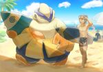  2boys 2girls abs barefoot beach beach_umbrella brawly_(pokemon) brown_hair cloud collarbone commentary_request cooler day dress footprints gen_3_pokemon green_hair grey_hair hariyama holding knees lisia_(pokemon) male_swimwear may_(pokemon) multiple_boys multiple_girls navel niji_(shihio) official_alternate_costume outdoors palm_tree pink_dress pokemon pokemon_(creature) pokemon_(game) pokemon_masters_ex pokemon_oras shirt shirtless short_sleeves sitting sky standing steven_stone surfboard swim_trunks toes tree umbrella wet 