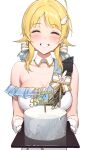  1girl ahoge ameyame bangs bare_shoulders blonde_hair blush breasts cake cleavage closed_eyes dress food grin hachimiya_meguru hair_ornament hairclip highres idolmaster idolmaster_shiny_colors large_breasts long_hair low_twintails smile solo twintails white_dress 
