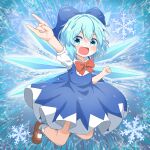  1girl :d \m/ bangs blue_background blue_bow blue_dress blue_eyes blue_hair bow bowtie brown_footwear cirno clenched_hand coruthi dress eyebrows_visible_through_hair full_body hair_bow highres ice ice_wings looking_at_viewer open_mouth pinafore_dress red_bow red_neckwear shirt short_hair short_sleeves smile snowflakes solo starry_background touhou white_legwear white_shirt wings 