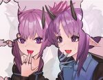  2girls :d arknights bangs black_shirt blue_shirt fang hand_up hibiscus_(arknights) highres horns jewelry kava kimoi_girls lava_(arknights) multiple_girls open_mouth parody pointy_ears purple_background purple_eyes purple_hair ring shirt short_hair siblings simple_background sisters smile speech_bubble twintails upper_body 