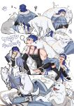  1boy 2others animal belt biceps blue_hair bracelet capelet closed_eyes cu_chulainn_(caster)_(fate) cu_chulainn_(fate)_(all) dog elbow_gloves fang fate/grand_order fate_(series) from_behind full_body fur-trimmed_hood fur_trim gloves greaves harem_pants highres hood hood_down hooded_capelet jewelry long_hair male_focus multiple_others multiple_views muscular muscular_male nozawa pants paw_print petting red_eyes simple_background sitting skin_tight sleeping smile spiked_hair standing tail tail_wagging tank_top toeless_footwear white_wolf wolf 