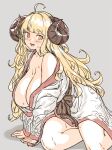  1girl ahoge anila_(granblue_fantasy) bangs bare_shoulders blonde_hair blush breasts cleavage collarbone draph granblue_fantasy highres horns houtengeki japanese_clothes kimono large_breasts long_hair long_sleeves looking_at_viewer off_shoulder open_mouth sash sheep_horns smile solo sweat thick_eyebrows thighs white_kimono wide_sleeves yellow_eyes 