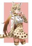  1girl absurdres animal_ears animal_print blonde_hair bow bowtie brown_hair cat_ears cat_girl cat_print cat_tail commentary_request cowboy_shot eating extra_ears eyebrows_visible_through_hair food geoffroy&#039;s_cat_(kemono_friends) hair_tie high-waist_skirt highres japari_bun kemono_friends long_hair long_sleeves looking_at_viewer multicolored_hair print_legwear print_neckwear print_skirt print_sleeves ribbon shirt skirt solo suspender_skirt suspenders tail tanabe_(fueisei) thighhighs twintails white_ribbon white_shirt yellow_eyes zettai_ryouiki 