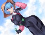  1girl ayanami_rei black_bodysuit blue_hair blush bodysuit breasts evangelion:_3.0+1.0_thrice_upon_a_time hat highres looking_at_viewer medium_breasts mogudan neon_genesis_evangelion open_mouth plugsuit rebuild_of_evangelion shiny shiny_clothes shiny_hair short_hair skin_tight solo straw_hat 