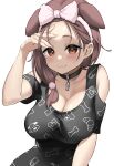  1girl absurdres akiki_(kiki) blush breasts brown_eyes brown_hair choker cleavage clothing_cutout forehead highres hololive inugami_korone large_breasts looking_at_viewer shoulder_cutout simple_background smile solo upper_body virtual_youtuber white_background 