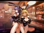  2girls absurdres adapted_costume alcohol animal_ears arknights ass bar bar_stool bare_legs black_choker black_jacket black_legwear black_leotard blonde_hair blush bottle breasts bunny_ears ceiling_light choker cleavage closed_mouth commentary cowboy_shot cup drinking_glass english_commentary eyebrows_visible_through_hair fake_animal_ears fishnet_legwear fishnets fur-trimmed_jacket fur_trim hair_between_eyes hand_on_hip highres holding holding_tray huge_filesize indoors jacket large_breasts leaning_forward leather leotard letterboxed lion_ears long_hair looking_at_viewer multiple_girls off_shoulder official_alternate_costume open_clothes open_jacket orange_eyes outside_border playboy_bunny purple_eyes purple_hair rope_(arknights) shelf siege_(arknights) smile standing stool studded_choker thigh_gap thighs tray wine_glass zuihou_de_miao_pa_si 