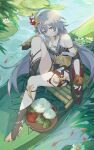  1girl absurdres animal bare_legs bare_shoulders black_legwear boat chinese_clothes elbow_gloves festival fingerless_gloves fish flower food fu_hua fu_hua_(herrscher_of_sentience) gloves grey_hair hair_ornament highres honkai_(series) honkai_impact_3rd jewelry kotatsu_kaya lake leaf leg_belt long_hair looking_at_viewer lotus necklace red_eyes rice sitting smile solo thighhighs water water_surface watercraft white_gloves zongzi 