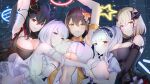  5girls absurdres arm_between_breasts armband armpits arms_up azur_lane baltimore_(azur_lane) bare_shoulders between_breasts black_hair blonde_hair blue_eyes breast_press breasts brown_hair cleavage cleavage_cutout clothing_cutout collar dido_(azur_lane) dress hair_ornament hat headgear highres huge_filesize idol illustrious_(azur_lane) large_breasts looking_at_viewer mini_hat multiple_girls navel navel_cutout nervous_smile nevven open_mouth purple_eyes red_eyes roon_(azur_lane) roon_(muse)_(azur_lane) smile taihou_(azur_lane) thighs underboob white_hair yellow_eyes 