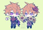  ! 2boys ahoge azuma_(azuma10270724) blue_eyes boots chibi clone closed_mouth earrings flower genshin_impact green_background hair_between_eyes holding holding_flower jacket jewelry male_focus mask mask_on_head multiple_boys orange_hair pants purple_eyes scarf simple_background single_earring spoken_exclamation_mark sunflower tartaglia_(genshin_impact) tears twitter_username 