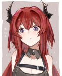  arknights bangs bare_shoulders black_dress border chest_strap close-up commentary_request demon_girl demon_horns detached_collar dress eyebrows_visible_through_hair grey_background highres horns long_hair looking_at_viewer purple_eyes raw_egg_lent red_hair surtr_(arknights) translation_request white_border 