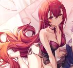  1girl bare_arms bare_shoulders between_breasts black_panties breasts chemise choker cleavage closed_mouth collarbone heterochromia horns komeshiro_kasu large_breasts lingerie long_hair looking_at_viewer melonbooks on_bed oni_horns panties pillow pointy_ears purple_choker red_eyes red_hair side-tie_panties sidelocks sitting solo strapless string_panties thighs underwear underwear_only very_long_hair yellow_eyes 