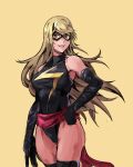  1girl bangs bare_shoulders blonde_hair breasts carol_danvers cleavage domino_mask earrings gloves highres jewelry large_breasts leotard long_hair looking_at_viewer marvel mask ms._marvel mythra_(xenoblade) saiykik smile solo superhero swept_bangs thighhighs very_long_hair xenoblade_chronicles_(series) xenoblade_chronicles_2 yellow_eyes 