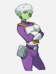  1girl bodysuit breasts cheelai colored_skin crossed_arms dragon_ball dragon_ball_super dragon_ball_super_broly gloves green_skin grey_background kemachiku looking_at_viewer medium_breasts purple_bodysuit purple_eyes scouter short_hair simple_background smile solo white_gloves white_hair 