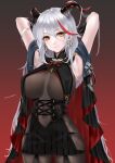  1girl aegir_(azur_lane) armpits azur_lane black_cape black_gloves bodystocking breast_curtains breasts cacao_(suisaixx) cape covered_nipples cowboy_shot cross cross_earrings demon_horns dress earrings gloves gradient gradient_background hair_between_eyes highres horns impossible_clothes iron_cross jewelry large_breasts long_hair microdress multicolored_hair red_background red_hair revealing_clothes signature simple_background skindentation sleeves solo streaked_hair two-tone_hair very_long_hair white_hair yellow_eyes 