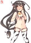  1girl alternate_costume animal_ears animal_print artist_logo bell bikini black_hair cameltoe commentary_request covered_nipples cow_ears cow_horns cow_print cow_tail cowbell cowboy_shot dated fake_animal_ears fake_horns flat_chest front-tie_top hatsushimo_(kancolle) headband highres horns kanon_(kurogane_knights) kantai_collection long_hair looking_at_viewer low-tied_long_hair lowleg lowleg_bikini micro_bikini one-hour_drawing_challenge side-tie_bikini simple_background solo swimsuit tail white_background white_bikini white_legwear 