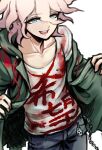  1boy :d bangs blood bloody_clothes blue_eyes blue_pants chain clothes_writing collarbone commentary_request cowboy_shot danganronpa_(series) danganronpa_2:_goodbye_despair denim green_jacket grey_background grey_eyes grey_hair hair_between_eyes hands_up highres jacket jeans komaeda_nagito male_focus open_mouth pants shirt simple_background smile solo upper_teeth youko-shima 