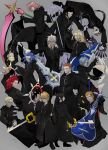  2girls 6+boys absurdres antenna_hair axel_(kingdom_hearts) black_coat_(kingdom_hearts) black_hair blonde_hair blue_eyes blue_hair brown_hair card chakram claymore_(sword) coat dagger dark_skin demyx eyepatch grey_background highres instrument jtgbaaa keyblade kingdom_hearts kingdom_hearts_358/2_days knife larxene lexaeus looking_at_viewer luxord marluxia multicolored_hair multiple_boys multiple_girls organization_xiii playing_card polearm ponytail purple_eyes red_hair roxas saix scar scythe shield silver_hair simple_background sitar spear spiked_hair sword two-tone_hair upside-down vexen weapon xaldin xemnas xigbar xion_(kingdom_hearts) yellow_eyes zexion 