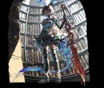  1girl alice_(sinoalice) belt black_gloves black_hair black_legwear blue_hair body_markings book bookshelf buckle choker dress dual_wielding dutch_angle gloves glowing glowing_eyes hairband hanazome_march highres holding holding_sword holding_weapon multicolored_hair petticoat puffy_short_sleeves puffy_sleeves red_eyes short_hair short_sleeves sinoalice solo spoilers sword tail thighhighs torn_clothes torn_legwear two-tone_hair weapon zettai_ryouiki 