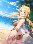  1girl :d beach bikini blonde_hair blue_eyes blue_sky cloud day hachimiya_meguru highres idolmaster idolmaster_shiny_colors long_hair looking_at_viewer macha0331 ocean open_mouth outdoors sky smile solo_focus swimsuit 