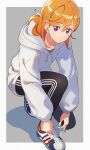  1girl grey_hoodie highres hood hoodie long_hair looking_at_viewer love_live! love_live!_superstar!! medium_hair orange_hair pants purple_eyes shibuya_kanon shoelaces shoes simple_background sneakers solo sportswear striped striped_pants tesseract_(retr0_0o) 