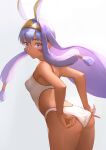  1girl adjusting_clothes adjusting_swimsuit animal_ears ass back bangs bare_shoulders blush breasts closed_mouth commentary_request dark-skinned_female dark_skin earrings facepaint facial_mark fate/grand_order fate_(series) hair_between_eyes hair_tubes hairband highres hoop_earrings jackal_ears jewelry long_hair looking_at_viewer low-tied_long_hair medium_breasts nitocris_(fate) nitocris_(swimsuit_assassin)_(fate) one-piece_swimsuit otsukemono purple_eyes purple_hair revision sidelocks simple_background solo swimsuit thighs very_long_hair white_swimsuit 