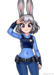  1girl 2016 animal_ears artist_name badge bangs belt belt_buckle belt_pouch blue_shirt buckle bunny_ears closed_mouth commentary english_commentary grey_hair hair_between_eyes judy_hopps long_sleeves looking_at_viewer police police_uniform policewoman pouch purple_eyes racoon-kun salute shirt short_hair simple_background smile uniform white_background zootopia 
