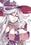  1girl bare_shoulders breasts cleavage cow detached_sleeves granblue_fantasy grey_hair hat huge_breasts long_hair looking_at_viewer magisa_(granblue_fantasy) open_mouth red_eyes simple_background smile solo tukiwani white_background witch_hat 