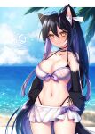  1girl animal_ears antenna_hair arms_behind_back bangs beach bikini black_hair breasts claws cleavage colored_inner_hair day double_bikini konshin large_breasts long_hair looking_at_viewer multicolored_hair navel original slit_pupils smile solo swimsuit tail yellow_eyes 