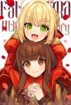  2girls :d ahoge blonde_hair brown_eyes brown_hair dress epaulettes fate/extra fate_(series) green_eyes hair_intakes highres karokuchitose kishinami_hakuno_(female) long_sleeves multiple_girls nero_claudius_(fate) nero_claudius_(fate)_(all) open_mouth red_dress school_uniform sidelocks smile tsukumihara_academy_uniform_(fate/extra) 