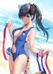  1girl animal_ear_fluff animal_ears bangs beach black_hair blue_swimsuit blush breasts cloud collarbone cowboy_shot day eyebrows_visible_through_hair holding holding_towel large_breasts long_hair mutsumi_masato navel ocean one-piece_swimsuit original ponytail purple_eyes scrunchie smile solo standing swimsuit tail tiger_ears tiger_tail towel water 