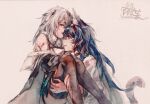  2girls absurdres animal_ear_fluff animal_ears arknights artist_name black_hair black_legwear blaze_(arknights) blue_eyes cat_ears cat_girl cat_tail chinese_commentary extra_ears feather_hair feet_out_of_frame grey_hair greythroat_(arknights) highres holding_person jacket long_hair looking_at_another moyu_marginal multiple_girls off_shoulder open_mouth scarf shirt tail thighhighs torn_clothes torn_legwear white_jacket white_scarf white_shirt yuri 