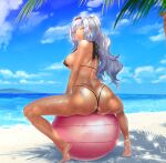  1girl absurdres ass ball barefoot beach bikini black_bikini blush breasts exercise_ball from_behind hairband highres idolmaster large_breasts long_hair looking_at_viewer looking_back micro_bikini neziiro ocean one-piece_tan open_mouth outdoors palm_tree pink_eyes ponytail sand shijou_takane shiny shiny_hair shiny_skin silver_hair sitting_on_ball skindentation soles solo spread_legs swimsuit tan tanlines tree water 