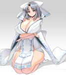  1girl absurdres bare_shoulders blue_eyes blush bow breasts cleavage grey_hair hair_bow highres huge_breasts japanese_clothes kimono kneeling looking_at_viewer masao medium_hair no_panties obi off-shoulder_kimono plump sash senran_kagura shiny shiny_hair shiny_skin socks solo thick_thighs thighs white_bow yumi_(senran_kagura) 