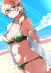  1girl bangs beach bikini blonde_hair blue_eyes blue_sky breasts cleavage closed_mouth collarbone commentary_request cowboy_shot day eyebrows_visible_through_hair glasses green_bikini harukana_receive highres horizon light_rays looking_at_viewer medium_breasts mountainous_horizon navel nyoijizai ocean outdoors shirt sideboob skindentation sky smile solo standing sunbeam sunlight swimsuit thomas_emily white_shirt 