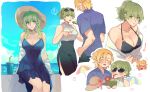  ! 1boy 1girl :d ^_^ alternate_costume alternate_hairstyle bangs bare_shoulders bikini black_bikini black_skirt blonde_hair blue_dress blue_shirt breasts byleth_(fire_emblem) byleth_(fire_emblem)_(female) casual cleavage closed_eyes coconut contemporary cup dimitri_alexandre_blaiddyd disposable_cup dress drinking_straw eyebrows_visible_through_hair eyewear_on_head feet_out_of_frame fire_emblem fire_emblem:_three_houses food green_eyes green_hair hat high-waist_skirt kkomcce large_breasts long_hair looking_at_viewer off_shoulder open_mouth ponytail popsicle shirt short_hair sitting skirt sleeveless smile spoken_exclamation_mark sun_hat sunglasses swimsuit white_background 
