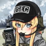  1girl alcohol bangs baseball_cap black_headwear blonde_hair blue_eyes blush camouflage cityscape closed_mouth cloud cloudy_sky earmuffs escape_from_tarkov gloves green_gloves grey_hoodie grey_sky hat holding hood hoodie jack_daniel&#039;s jizi looking_at_viewer military military_uniform mole mole_under_eye original outdoors sky smile solo uniform vest whiskey 