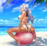  1girl absurdres ass ball barefoot beach bikini black_bikini blush breasts exercise_ball from_behind hairband highres idolmaster large_breasts long_hair looking_at_viewer looking_back micro_bikini neziiro ocean one-piece_tan open_mouth outdoors palm_tree pink_eyes ponytail sand shijou_takane shiny shiny_hair shiny_skin silver_hair sitting_on_ball skindentation soles solo spread_legs swimsuit tan tanlines tree water 