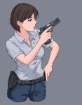  1girl absurdres belt belt_pouch blue_eyes blue_pants breasts brown_hair denim grey_background gun handgun highres holding holding_gun holding_weapon holster looking_to_the_side m1911 military open_mouth original pants pistol polo_shirt pouch shirt short_hair short_sleeves simple_background solo trigger_discipline waruzamurai weapon white_shirt 