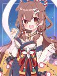  1girl :d animal_ears bangs blush bone_hair_ornament brown_eyes brown_hair chibi commentary detached_sleeves dog_ears dog_girl extra_ears fang hagoromo hair_between_eyes hair_down hair_ornament hairclip halterneck highres hololive inugami_korone long_hair looking_at_viewer off-shoulder_kimono open_mouth rabiiandrain shawl shirt skin_fang smile solo virtual_youtuber w_arms white_shirt 