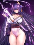  1girl bangs breasts bridal_gauntlets cleavage closed_mouth commentary_request covered_navel electricity energy_horns flower genshin_impact highres horns japanese_clothes kimono large_breasts leotard long_hair looking_at_viewer mole mole_under_eye oni_horns purple_eyes purple_flower purple_hair raiden_(genshin_impact) ribbon sash solo sword tr5000 weapon wide_sleeves 