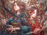  2girls black_hair blue_kimono earrings fan flower holding holding_sword holding_weapon japanese_clothes jewelry kimono long_hair multiple_girls obi orange_flower original paper_fan plant_uezi print_kimono red_kimono red_ribbon ribbon sash smile smoke sword weapon 