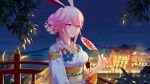  1065587906 1girl animal_ears bangs bridge bunny_ears closed_mouth fan fireworks floral_print flower hair_bun hair_flower hair_ornament highres holding holding_fan honkai_(series) honkai_impact_3rd japanese_clothes kimono lantern looking_ahead night night_sky obi outdoors paper_fan pink_hair purple_eyes sash sidelocks sky solo torii tree uchiwa yae_sakura 