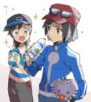  +_+ 2boys :o bangs baseball_cap black_headwear blue_jacket blush bottle calem_(pokemon) commentary_request elio_(pokemon) espurr eyewear_on_headwear gen_6_pokemon grey_pants hat highres holding holding_bottle holding_pokemon jacket looking_at_another male_focus mikanbako_(aitatadon3) multiple_boys open_mouth pants pokemon pokemon_(creature) pokemon_(game) pokemon_sm pokemon_xy red_headwear shirt short_sleeves sparkle striped striped_shirt sunglasses t-shirt water_bottle water_drop white_background 